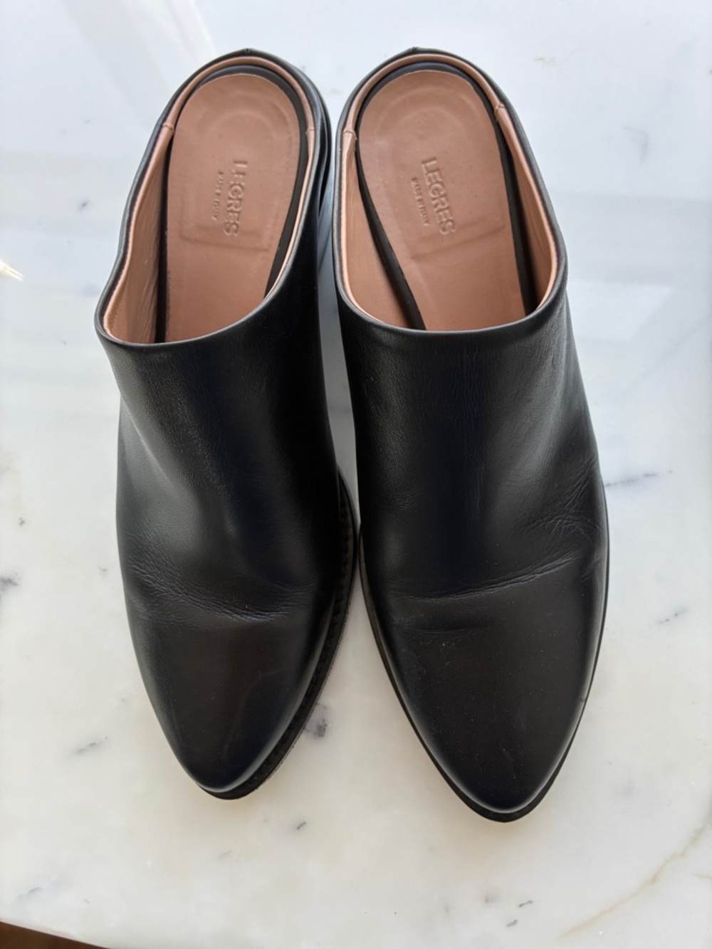 Black Leather Pointed-Toe Slip-On Mules
